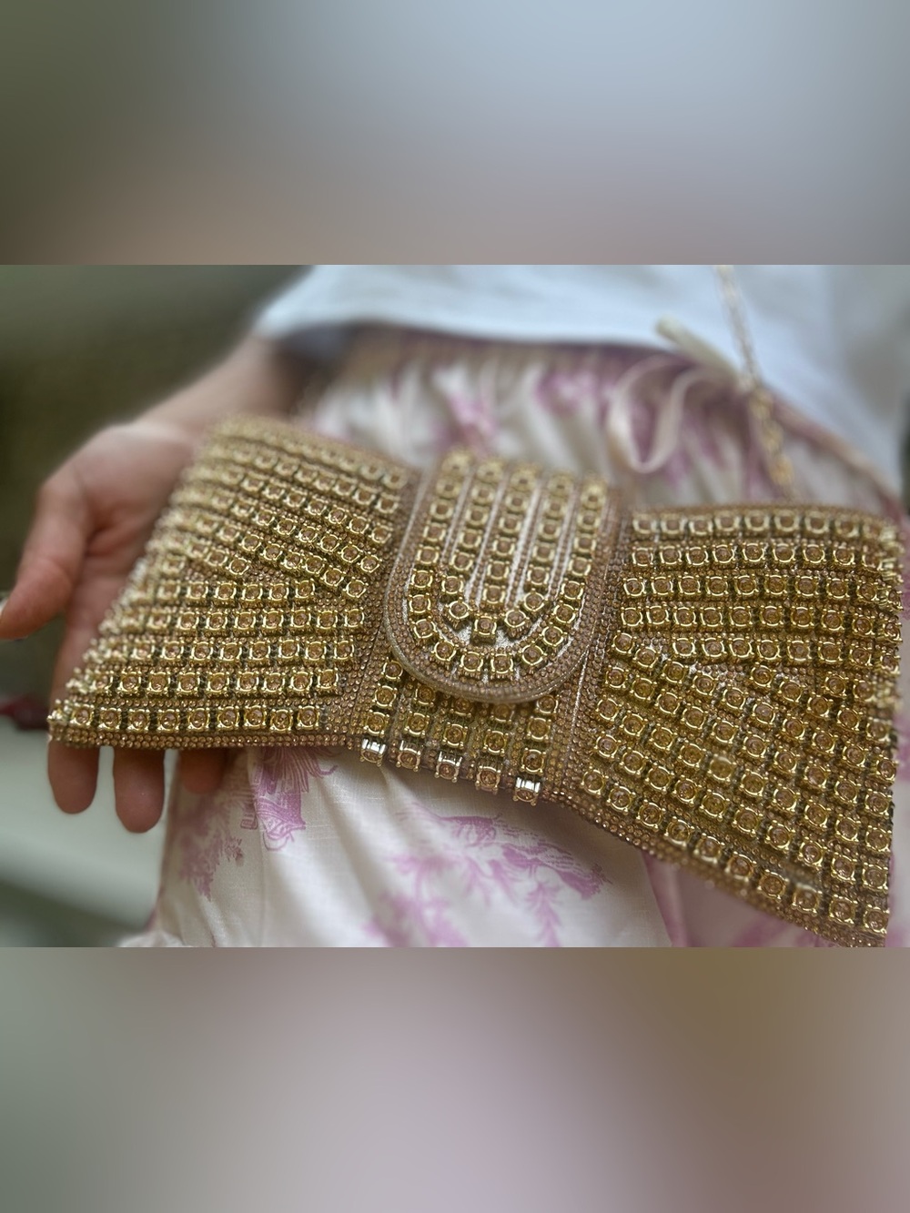 Gold Crystal-Embellished Evening Clutch with Wristlet